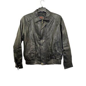Lucky Leather Co Black Mens Leather Jacket Size L Zip-Up Elastic Hem China